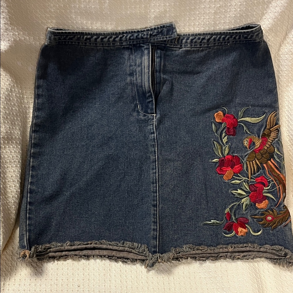 New York & Company Denim Skirt with Red and Green Embroidery